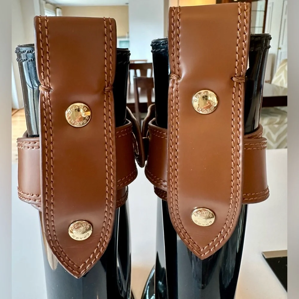 Coach Talia Knee High Rain Boots 9 Glossy Black Brown Buckle Preppy Outdoors